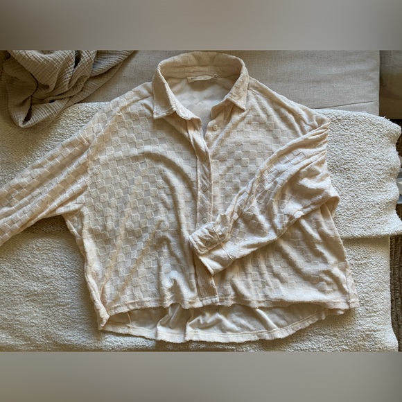 Cream checkered long sleeve button up - Picture 1 of 4